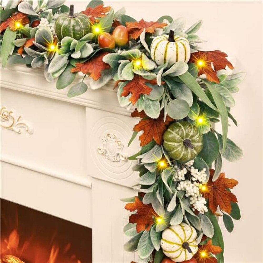 5.9 Ft Fall Garland for Mantle with Pumpkin Lamb Ears Maple Leaves, Autumn